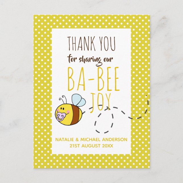 Cartão Postal Thank You BA-BEE Baby Shower Yellow Polkadot (Frente)