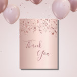 Cartão Postal Thank you birthday rose gold sparkling stars<br><div class="desc">A rose gold faux metallic looking background. With rose gold,  copper colored dripping sparkling stars. On front large dark rose gold colored hand lettered script and the text: Thank You.
Back. rose gold background and stars.  Space for you to write by hand.</div>