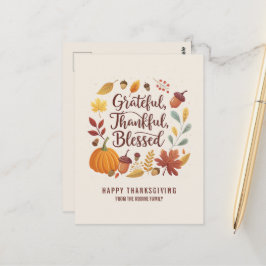 Cartão Postal Thankful Grateful Blessed leaf Thanksgiving Fall