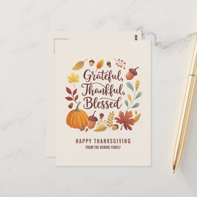 Cartão Postal Thankful Grateful Blessed leaf Thanksgiving Fall (Frente/Verso In Situ)