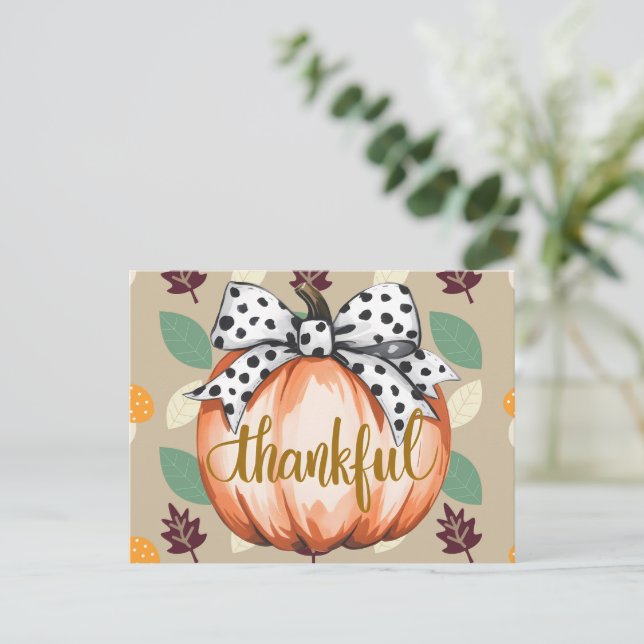 Cartão Postal Thankful Pumpkin with Polka Dot Bow (Em pé/Frente)