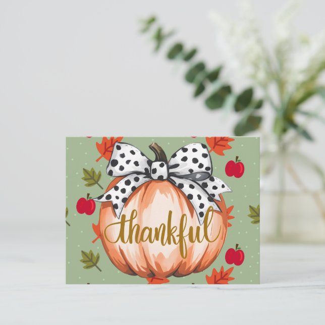 Cartão Postal Thankful Pumpkin with Polka Dot Bow (Em pé/Frente)