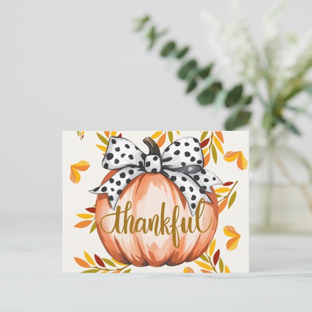 Cartão Postal Thankful Pumpkin with Polka Dot Bow (Em pé/Frente)