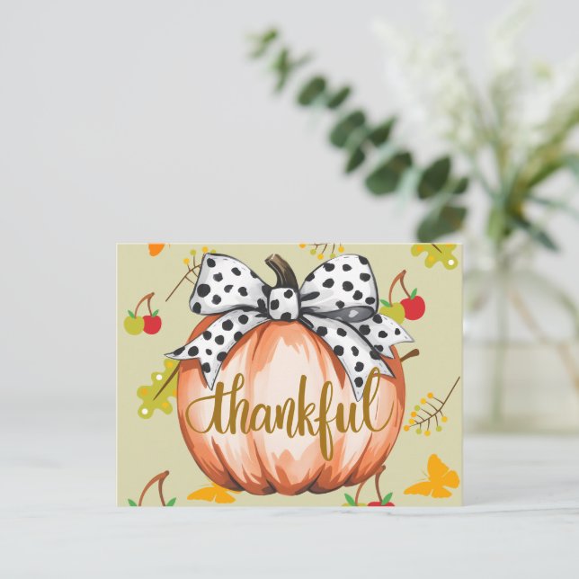 Cartão Postal Thankful Pumpkin with Polka Dot Bow (Em pé/Frente)