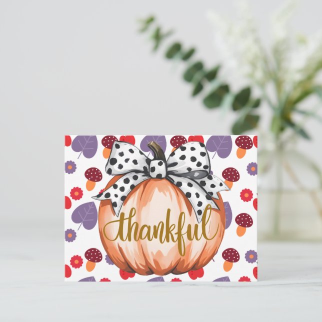 Cartão Postal Thankful Pumpkin with Polka Dot Bow (Em pé/Frente)