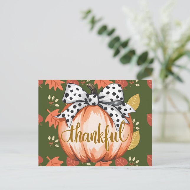 Cartão Postal Thankful Pumpkin with Polka Dot Bow (Em pé/Frente)