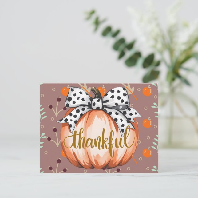Cartão Postal Thankful Pumpkin with Polka Dot Bow (Em pé/Frente)