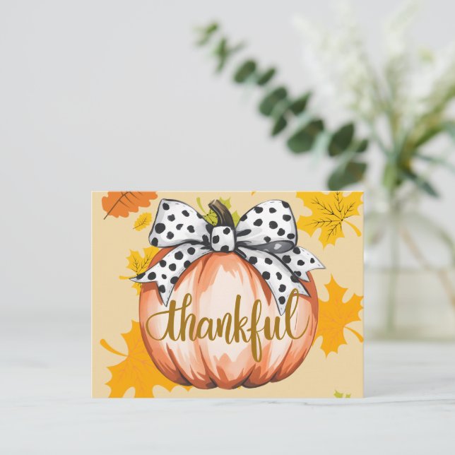 Cartão Postal Thankful Pumpkin with Polka Dot Bow (Em pé/Frente)