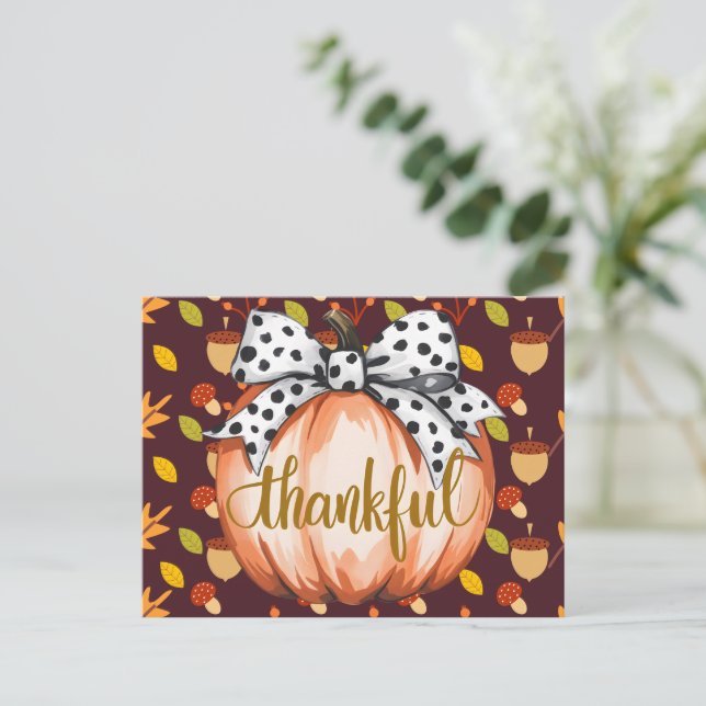 Cartão Postal Thankful Pumpkin with Polka Dot Bow (Em pé/Frente)