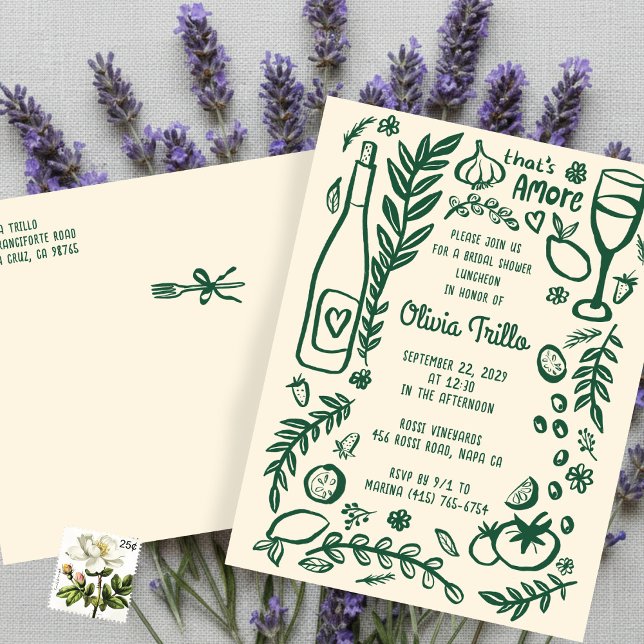 Cartão Postal That's Amore Italian Food CUSTOM Bridal Shower  (That's Amore Italian Food Hand-drawn Doodle CUSTOM Bridal Shower Postcard Inviation
)