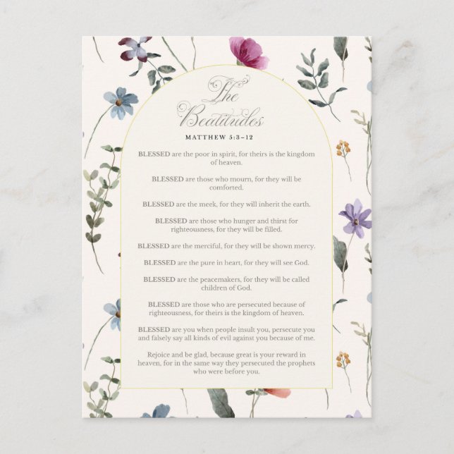 Cartão Postal The Beatitudes Matthew 5:3–12 Floral Scripture (Frente)