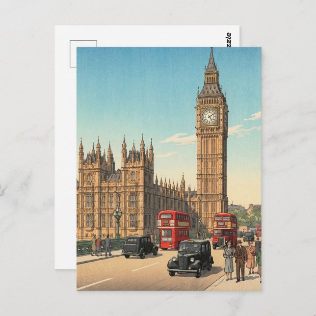 Cartão Postal The Big Ben Clock Tower Japanese Woodblock Print (Frente/Verso)