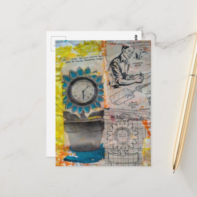 Cartão Postal The Flower Clock Mixed Media Collage (Frente/Verso In Situ)