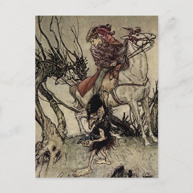 Cartão Postal "The Knight and Gnomo" por Arthur Rackham (Frente)