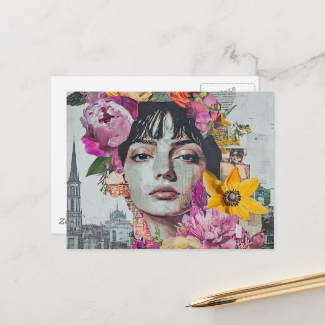 Cartão Postal The Lady in a City Collage Flowers Buildings (Frente/Verso In Situ)