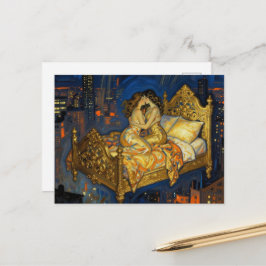 Cartão Postal The Lovers Kiss Magical Bed Above the City Fantasy