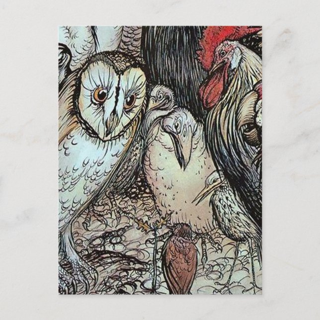 Cartão Postal "The Owl and the Birds", por Arthur Rackham (Frente)