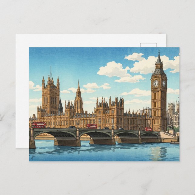 Cartão Postal The Palace of Westminster Japanese Woodblock Print (Frente/Verso)