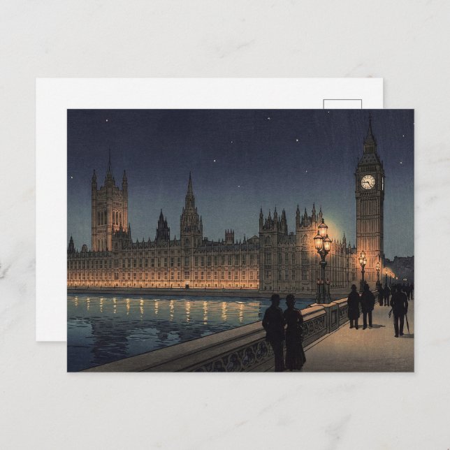 Cartão Postal The Palace of Westminster Japanese Woodblock Print (Frente/Verso)