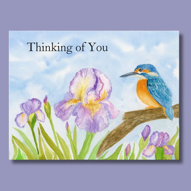 Cartão Postal Thinking of You Watercolor Kingfisher Purple Iris (Criador carregado)