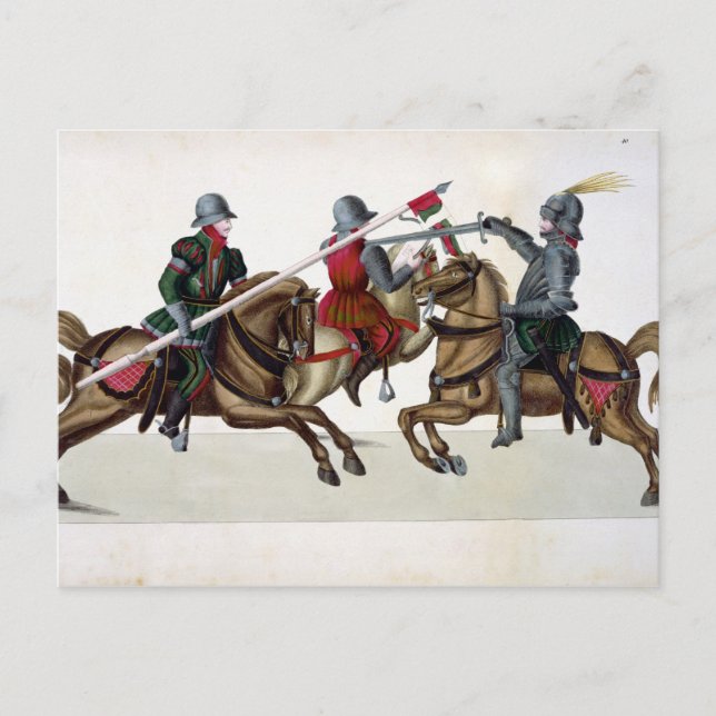 Cartão Postal Three knights at a tournament, plate from 'A Histo (Frente)