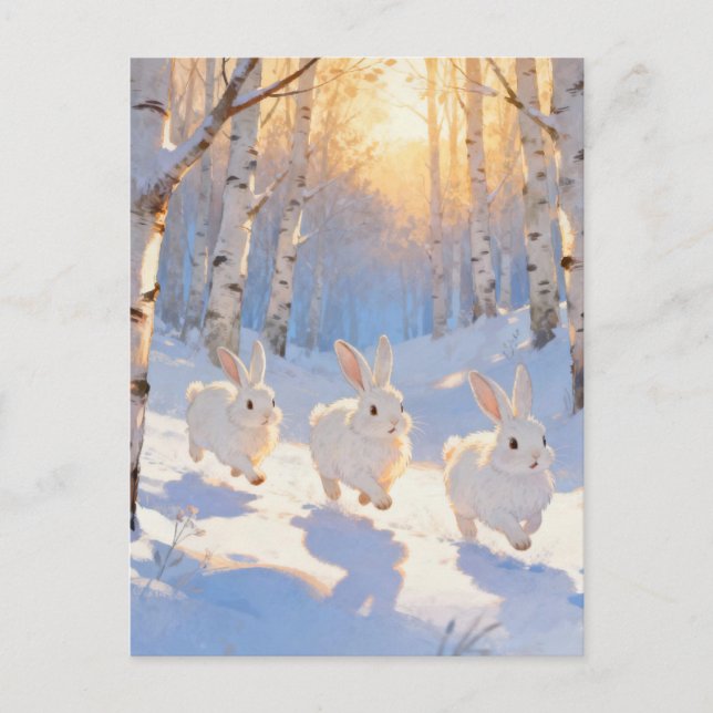 Cartão Postal Three White Winter Rabbits  (Frente)