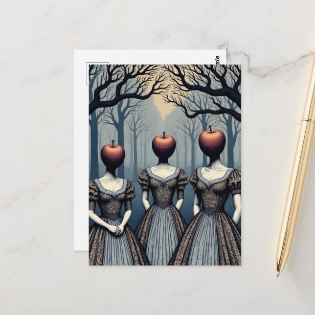Cartão Postal Three Women With Apple Heads in Forest (Frente/Verso In Situ)