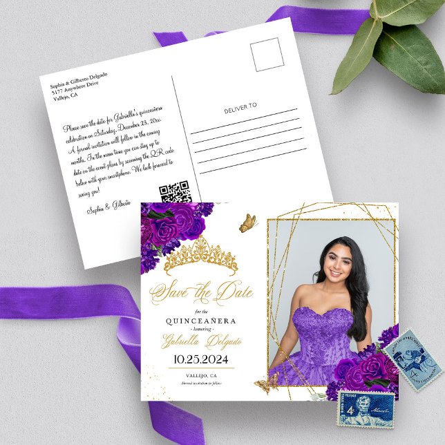 Cartão Postal Tiarra Roxo e Dourado Quinceañera Fotografia Cartã (Criador carregado)