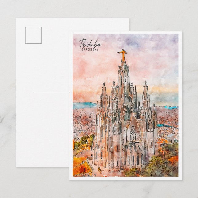 Cartão Postal Tibidabo: viagens vintage aquarela de Barcelona (Frente/Verso)