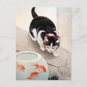 Cartão Postal Tigela de peixes dourados e gato de Ohara Koson (1