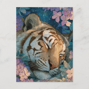 Cartão Postal Tigre Adormecido no Jardim Floral Roxo