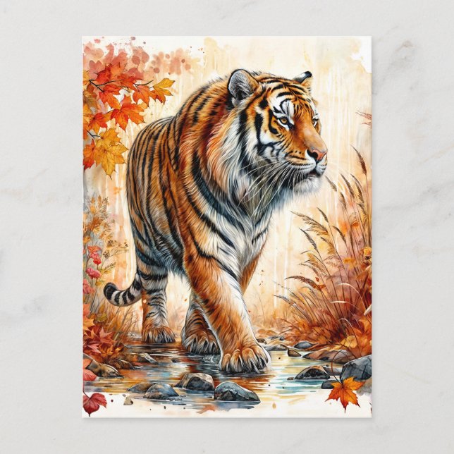 Cartão Postal Tigre Andando Em Aquarela De Outono (Frente)