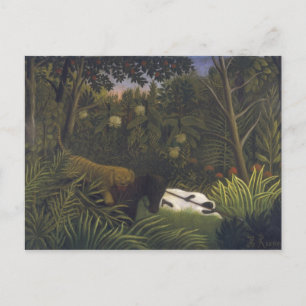 Cartão Postal Tigre Atacando um Cavalo e um Homem Negro Dormindo