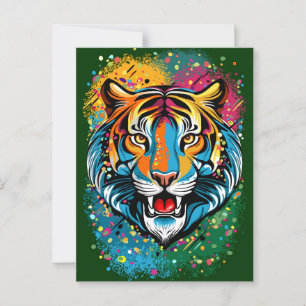 Cartão Postal Tigre Cabeça Arco-íris cores manchas de tinta
