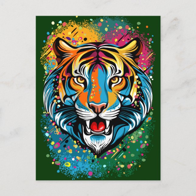 Cartão Postal Tigre Cabeça Arco-íris cores manchas de tinta (Frente)