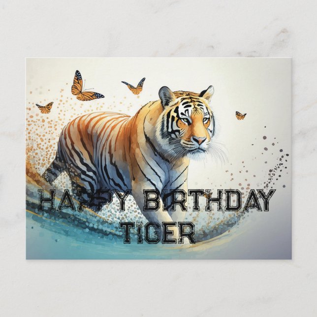 Cartão Postal Tigre com borboletas Feliz aniversário (Frente)