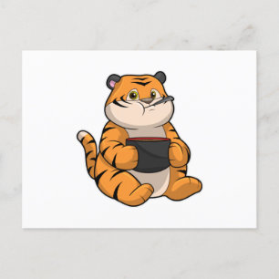 Cartão Postal Tigre comendo com tigela
