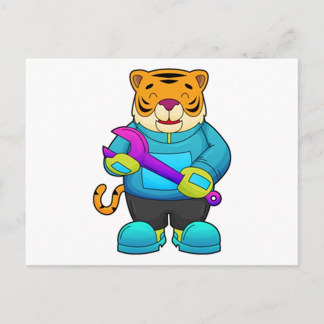 Cartão Postal Tigre como mecânico com chave inglesa (Frente)