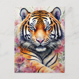 Cartão Postal Tigre De Aquarela Com Flores De Pintura Floral