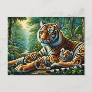 Cartão Postal Tigre e Filhote em uma Pintura de uma Selva Exuber