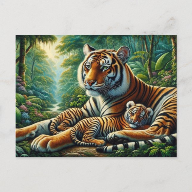 Cartão Postal Tigre e Filhote em uma Pintura de uma Selva Exuber (Frente)