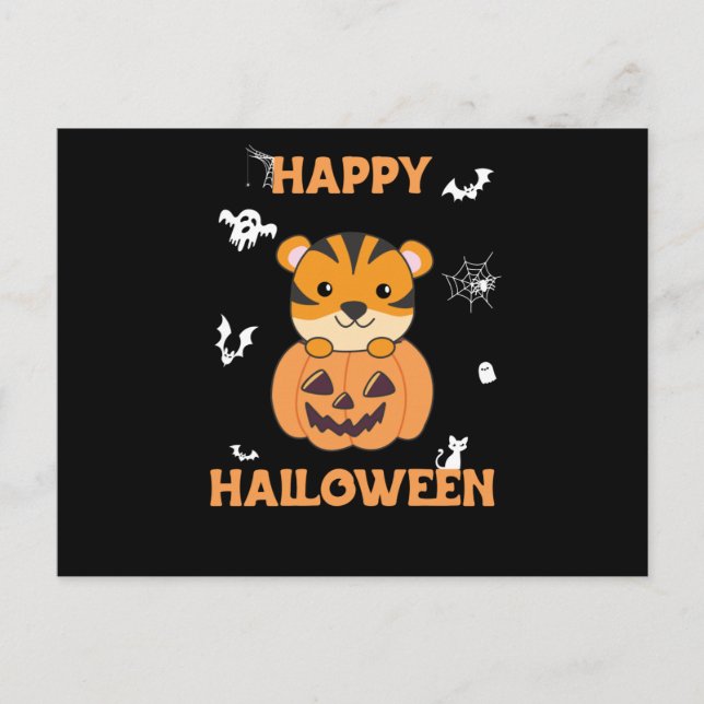 Cartão Postal Tigre Em Pumpkin, Doce Tigre Feliz Dia das Bruxas (Frente)