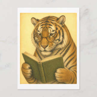 Cartão Postal Tigre Estilo Vintage Lendo