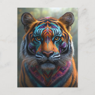 Cartão Postal Tigre Majestoso com Tinta Tribal Vibrante