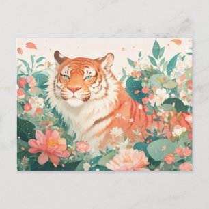 Cartão Postal Tigre Majestoso em Jardim Floral Exuberante
