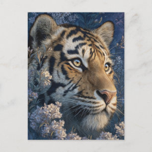 Cartão Postal Tigre Majestoso no Jardim Floral Noturno