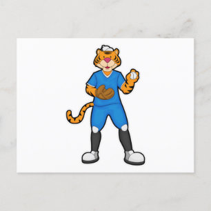 Cartão Postal Tigre no Baseball com luva e Boné de Baseball