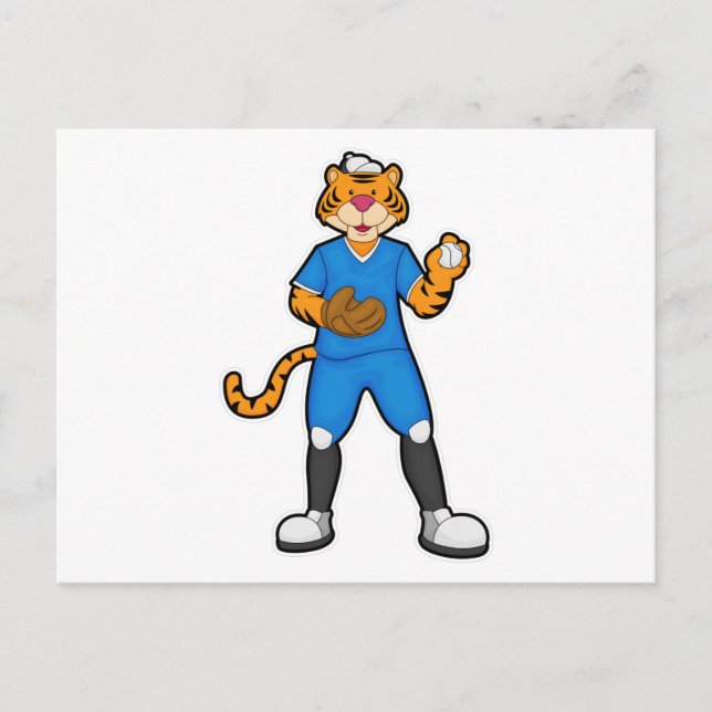 Cartão Postal Tigre no beisebol com luva e boné de beisebol (Frente)