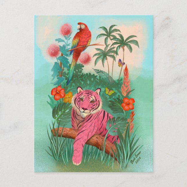 Cartão Postal Tigre rosa e Vazio tropical da selva de papagaio (Frente)
