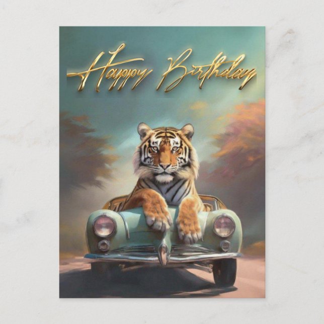 Cartão Postal Tigre sentado em um carro esportivo Feliz aniversá (Frente)